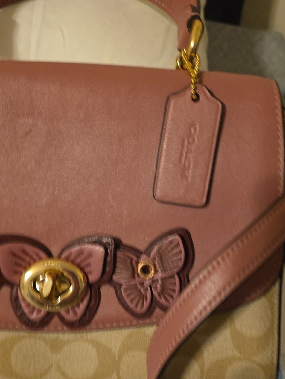 Coach Pink Leather & Signature Canvas Satchel with Butterfly Accents - Picture 7 of 12